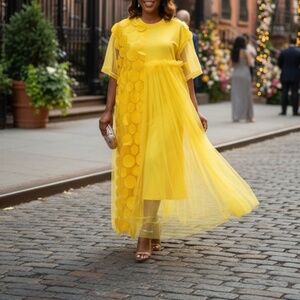 #A290   Nancy Dopamine Dressing  3D Textures Yellow Mesh Overlay Dress  NWT M